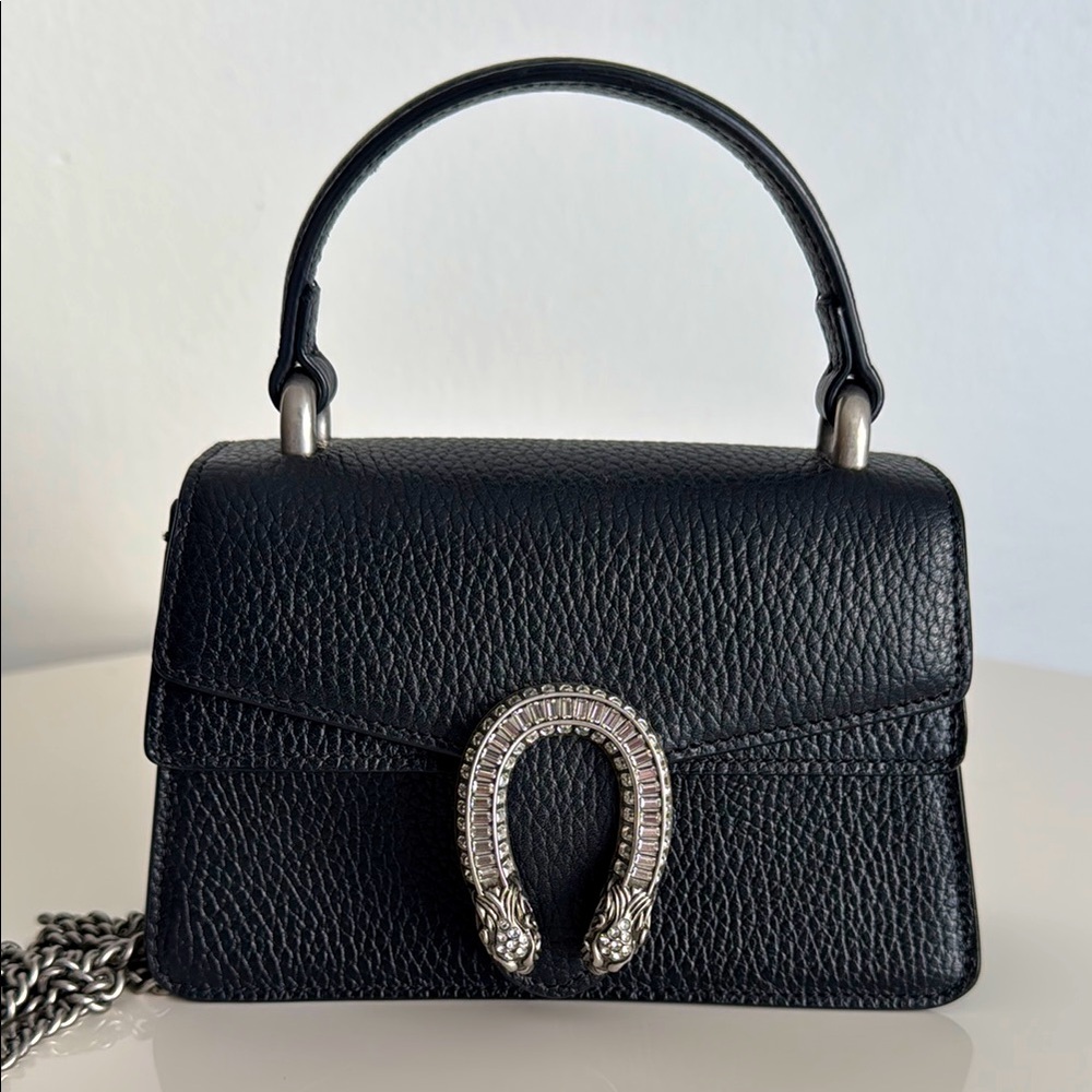 Gucci Black Dionysus Leather Top Handle Bag with Chain Strap, Box, Dust Cover